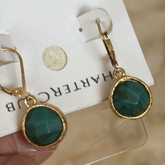 NWT Charter Club Gold Tone & Green Stone Drop Earrings - Picture 3 of 5